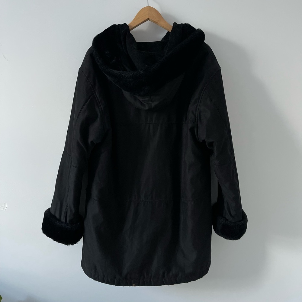 Vintage Black Hooded Faux Fur Button Down Coat - size L - Picture 4 of 6